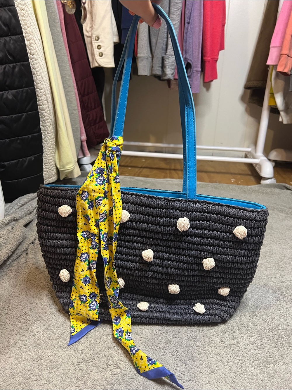 Talbots 2019 Pom-Pom Polka Dot Straw Shoulder Bag - NWOT
